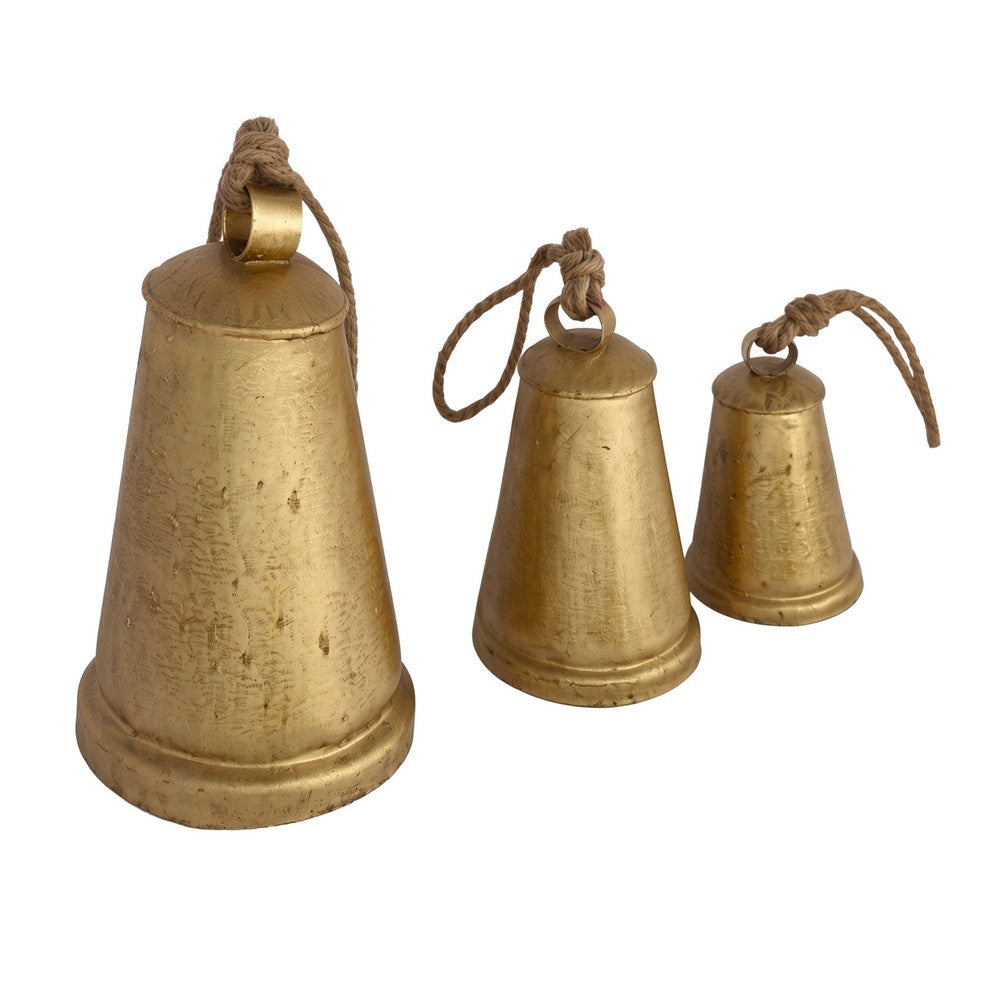 Loma Set of 3 Wall Hanging Bells | Antique Gold Finish | Natural Jute Rope | Boho Home Decor By The Urban Port
