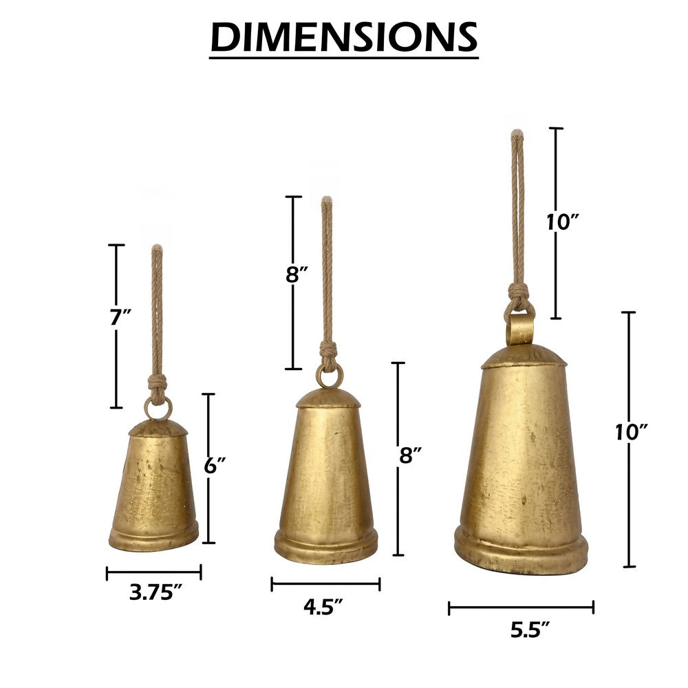 Loma Set of 3 Wall Hanging Bells | Antique Gold Finish | Natural Jute Rope | Boho Home Decor By The Urban Port