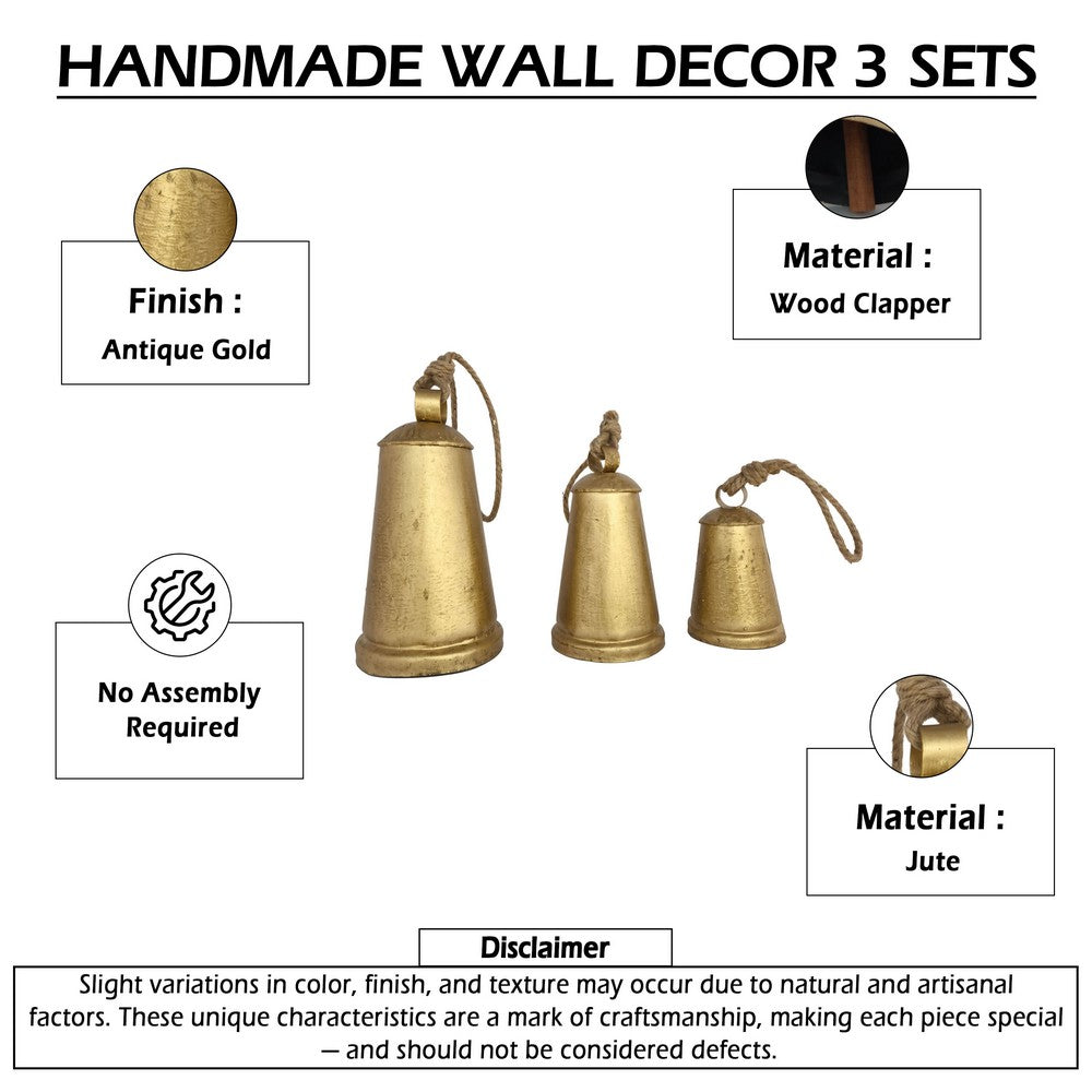Loma Set of 3 Wall Hanging Bells | Antique Gold Finish | Natural Jute Rope | Boho Home Decor By The Urban Port
