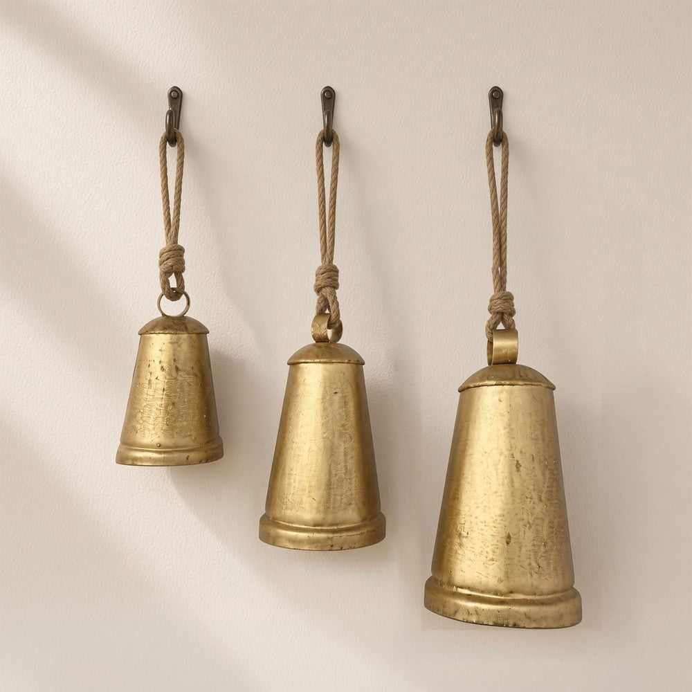 Loma Set of 3 Wall Hanging Bells | Antique Gold Finish | Natural Jute Rope | Boho Home Decor By The Urban Port