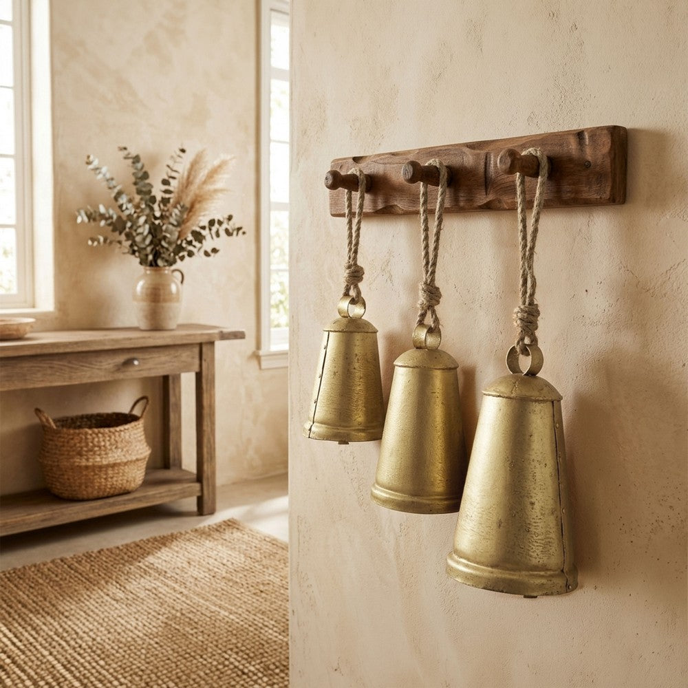 Loma Set of 3 Wall Hanging Bells | Antique Gold Finish | Natural Jute Rope | Boho Home Decor By The Urban Port