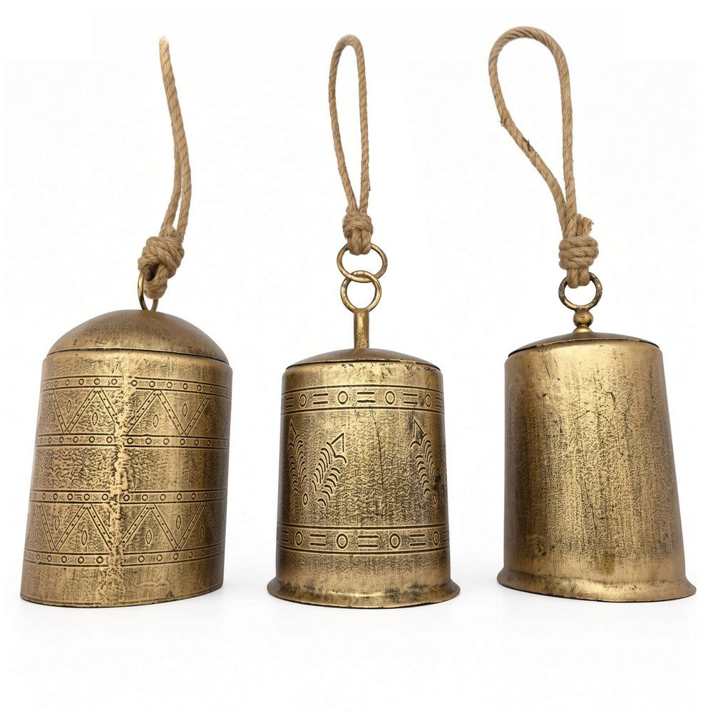 Foma Set of 3 Hanging Bells | Etched Antique Brass Finish | Jute Rope Hanger | Organic Decor By The Urban Port