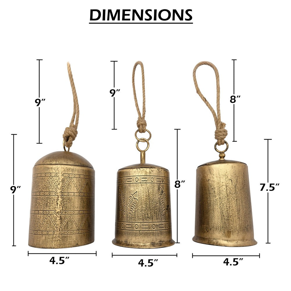 Foma Set of 3 Hanging Bells | Etched Antique Brass Finish | Jute Rope Hanger | Organic Decor By The Urban Port
