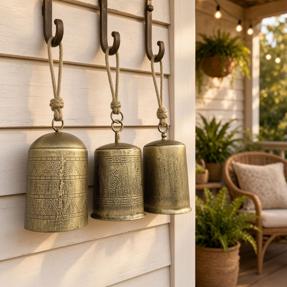 Foma Set of 3 Hanging Bells | Etched Antique Brass Finish | Jute Rope Hanger | Organic Decor By The Urban Port