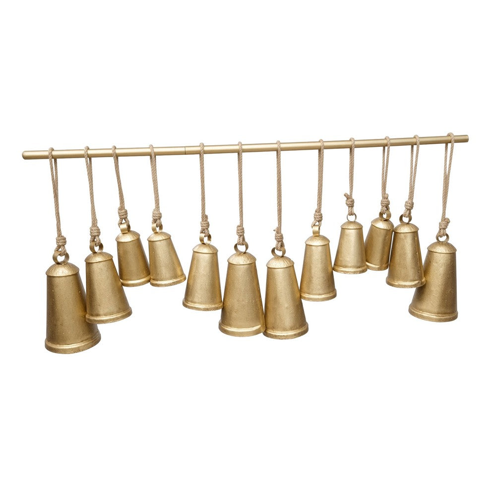 Poma Hanging Bell Wall Decor Set with 12 Bells | Antique Gold Iron | Jute Rope | 48 " By The Urban Port