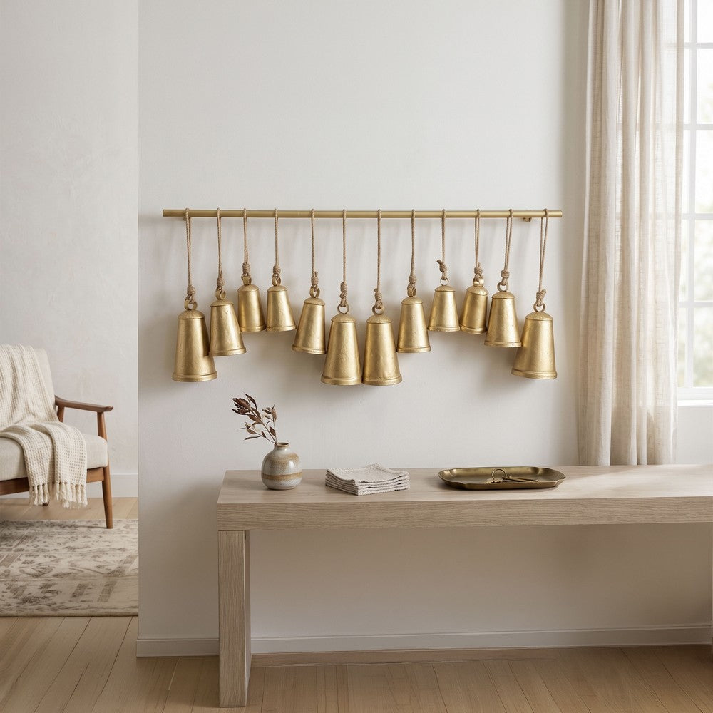 Poma Hanging Bell Wall Decor Set with 12 Bells | Antique Gold Iron | Jute Rope | 48 " By The Urban Port
