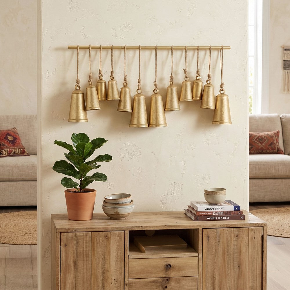 Poma Hanging Bell Wall Decor Set with 12 Bells | Antique Gold Iron | Jute Rope | 48 " By The Urban Port