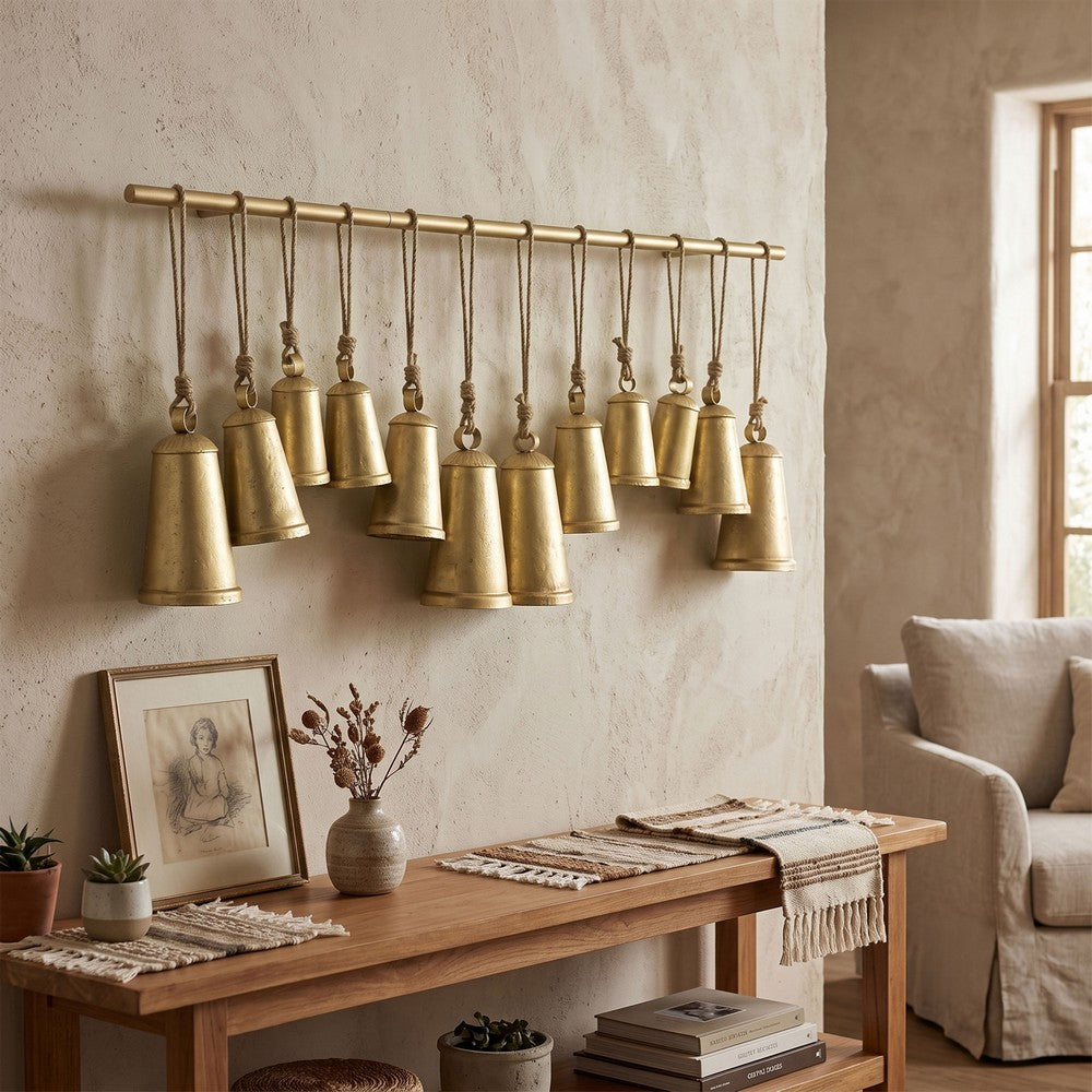 Poma Hanging Bell Wall Decor Set with 12 Bells | Antique Gold Iron | Jute Rope | 48 " By The Urban Port