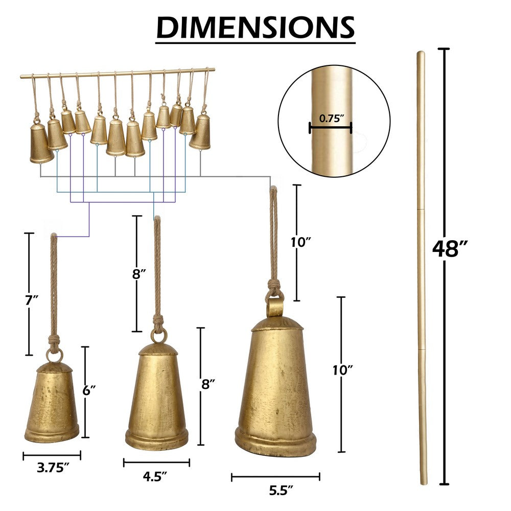 Poma Hanging Bell Wall Decor Set with 12 Bells | Antique Gold Iron | Jute Rope | 48 " By The Urban Port