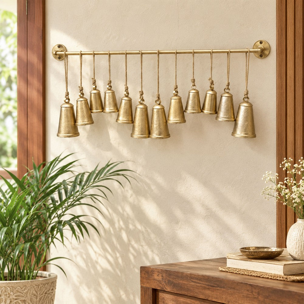 Poma Hanging Bell Wall Decor Set with 12 Bells | Antique Gold Iron | Jute Rope | 48 " By The Urban Port