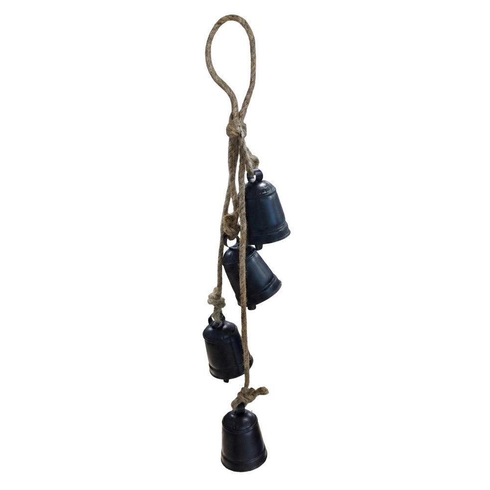 Koma 27 " Decorative Wind Chime | 4 Cascading Cow Bells | Antique Black Iron | Jute Rope | Boho Rustic Style By The Urban Port