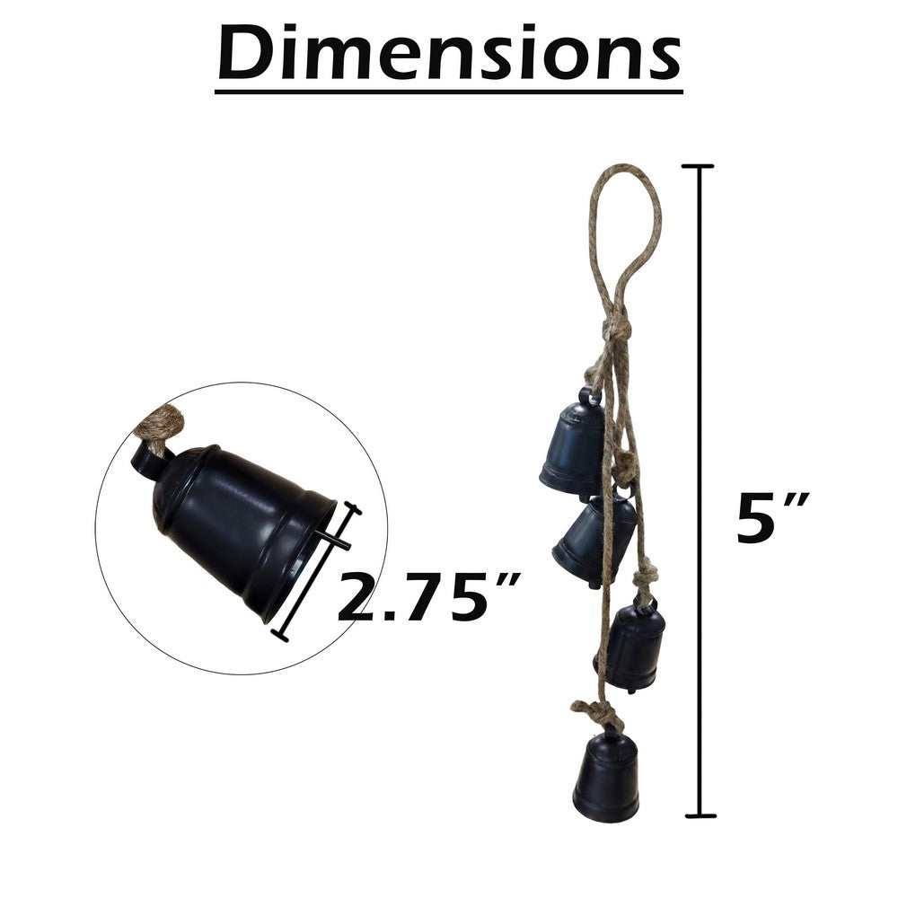 Koma 27 " Decorative Wind Chime | 4 Cascading Cow Bells | Antique Black Iron | Jute Rope | Boho Rustic Style By The Urban Port