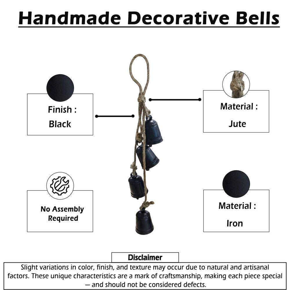Koma 27 " Decorative Wind Chime | 4 Cascading Cow Bells | Antique Black Iron | Jute Rope | Boho Rustic Style By The Urban Port