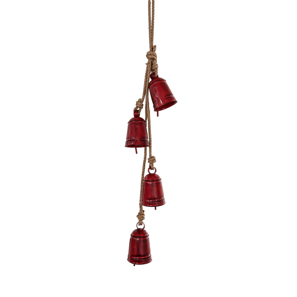 Koma 27 " Decorative Wind Chime | 4 Cascading Cow Bells | Antique Red Iron | Jute Rope | Boho Rustic Style By The Urban Port