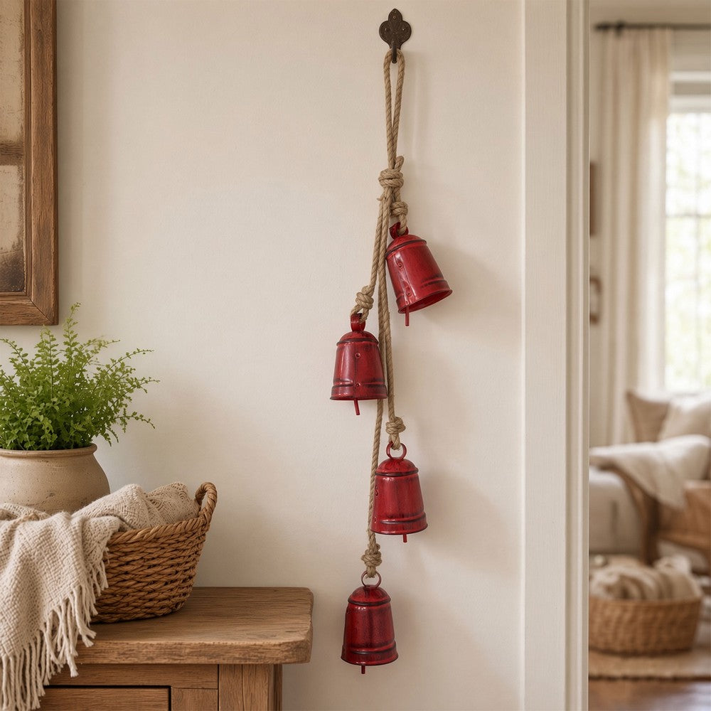 Koma 27 " Decorative Wind Chime | 4 Cascading Cow Bells | Antique Red Iron | Jute Rope | Boho Rustic Style By The Urban Port