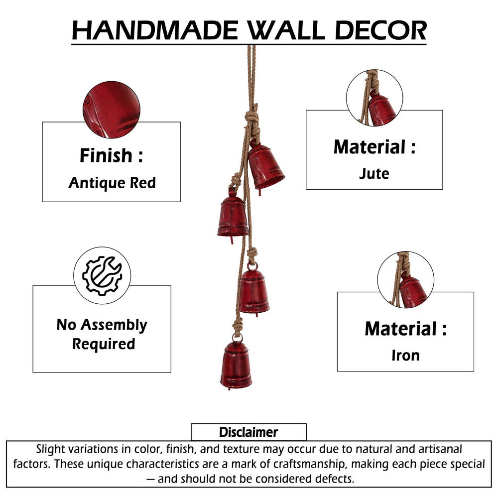 Koma 27 " Decorative Wind Chime | 4 Cascading Cow Bells | Antique Red Iron | Jute Rope | Boho Rustic Style By The Urban Port