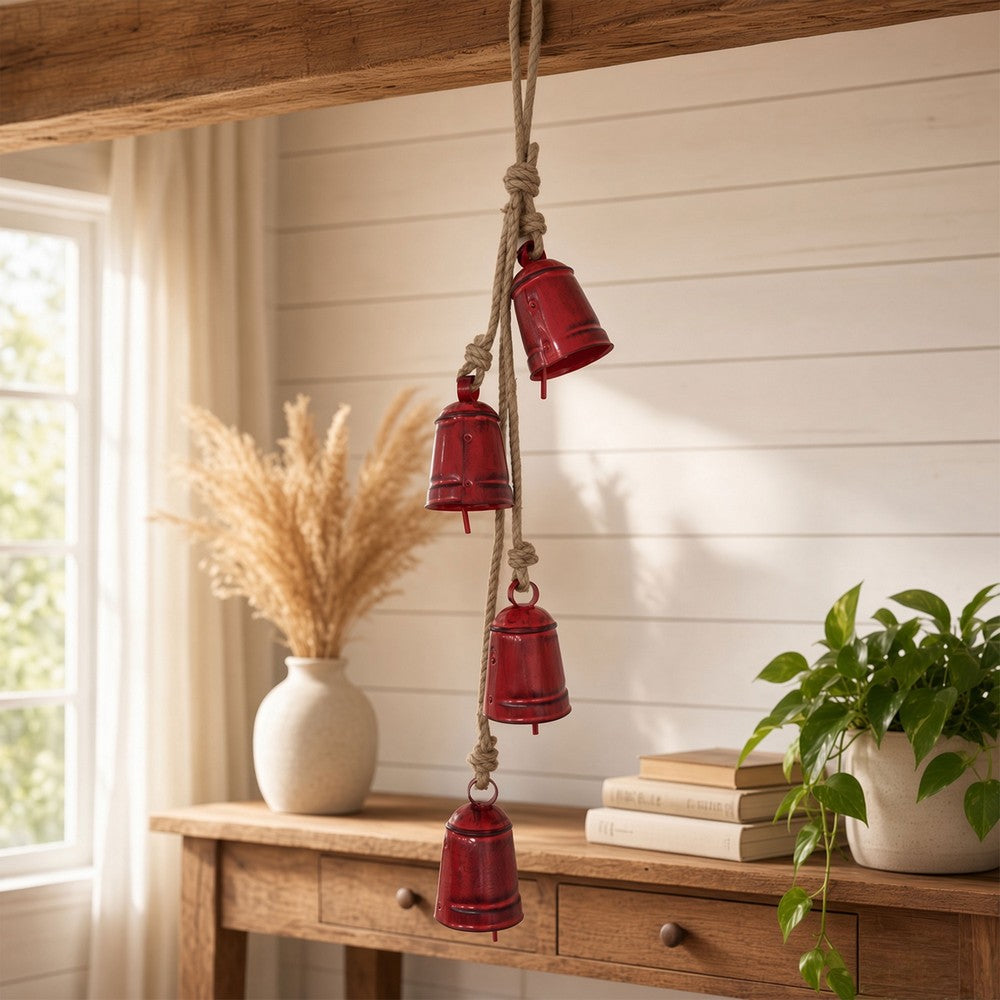 Koma 27 " Decorative Wind Chime | 4 Cascading Cow Bells | Antique Red Iron | Jute Rope | Boho Rustic Style By The Urban Port