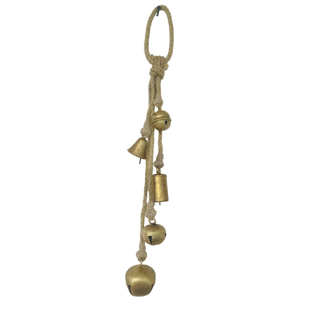 Soma 5 Assorted Shape Bells on Jute Rope | Antique Gold Finish | 23 " By The Urban Port
