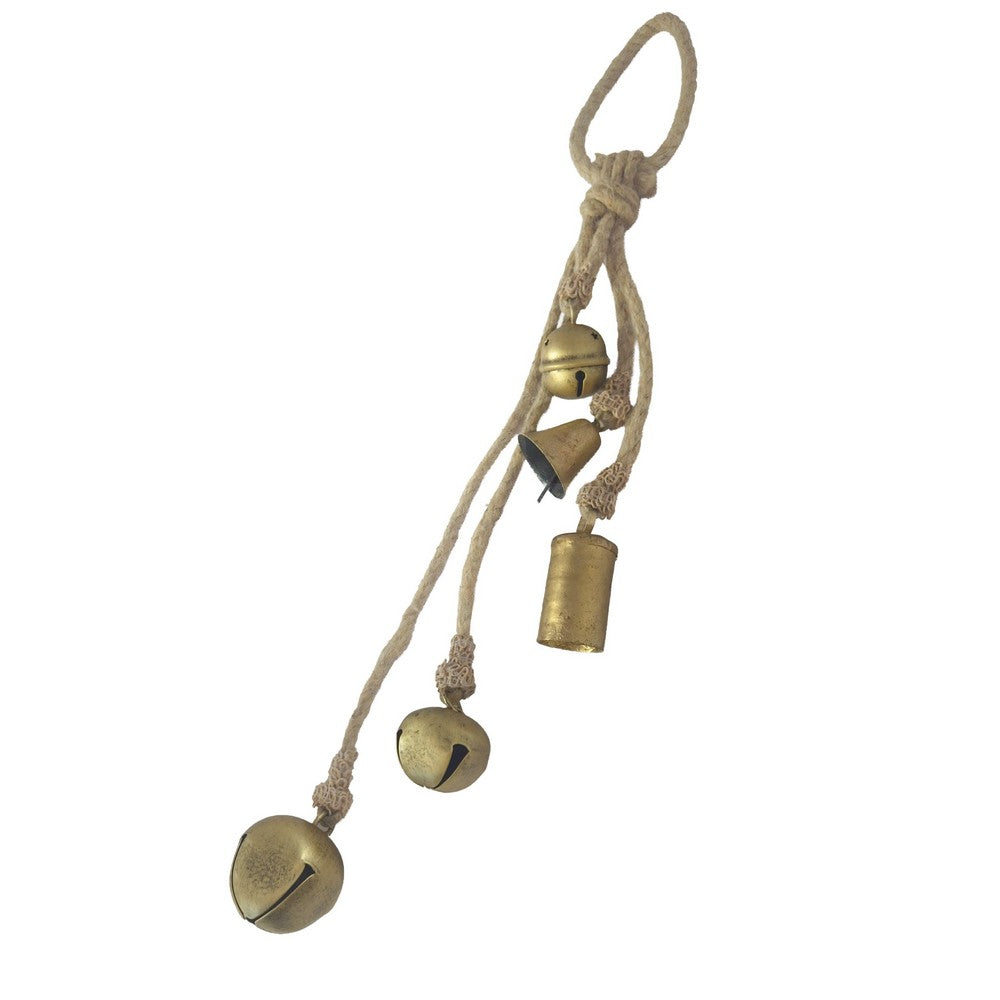 Soma 5 Assorted Shape Bells on Jute Rope | Antique Gold Finish | 23 " By The Urban Port