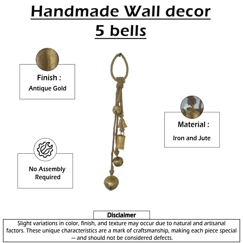 Soma 5 Assorted Shape Bells on Jute Rope | Antique Gold Finish | 23 " By The Urban Port