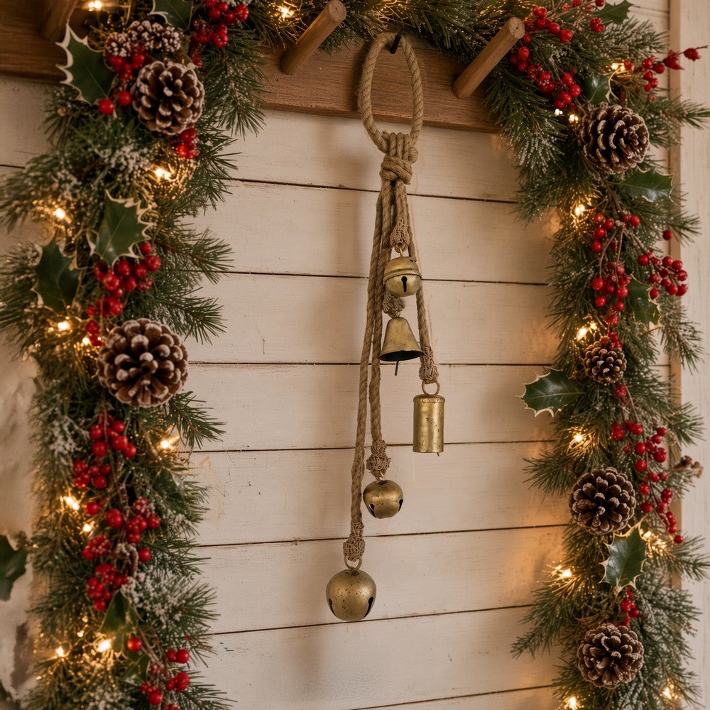 Soma 5 Assorted Shape Bells on Jute Rope | Antique Gold Finish | 23 " By The Urban Port