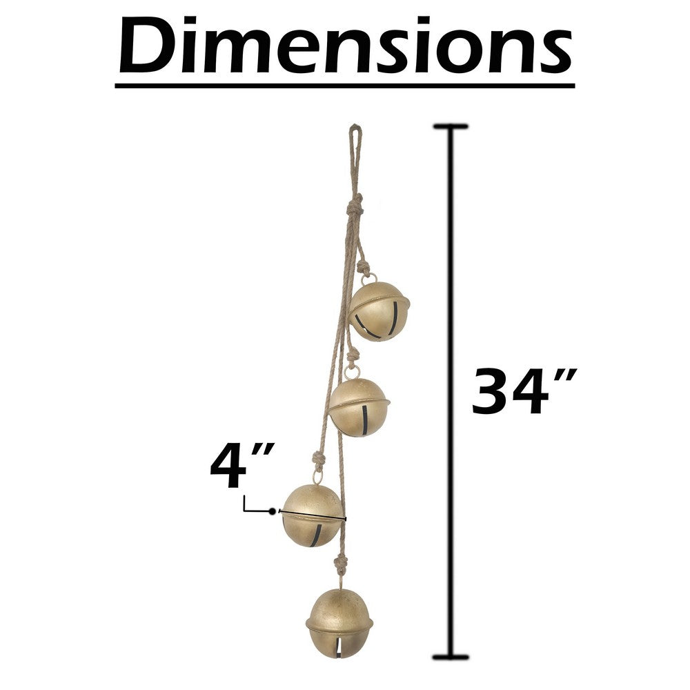 Roma 34" Cascading Hanging Bells | Gold Finish | Natural Jute Rope | Boho Rustic Decor By The Urban Port