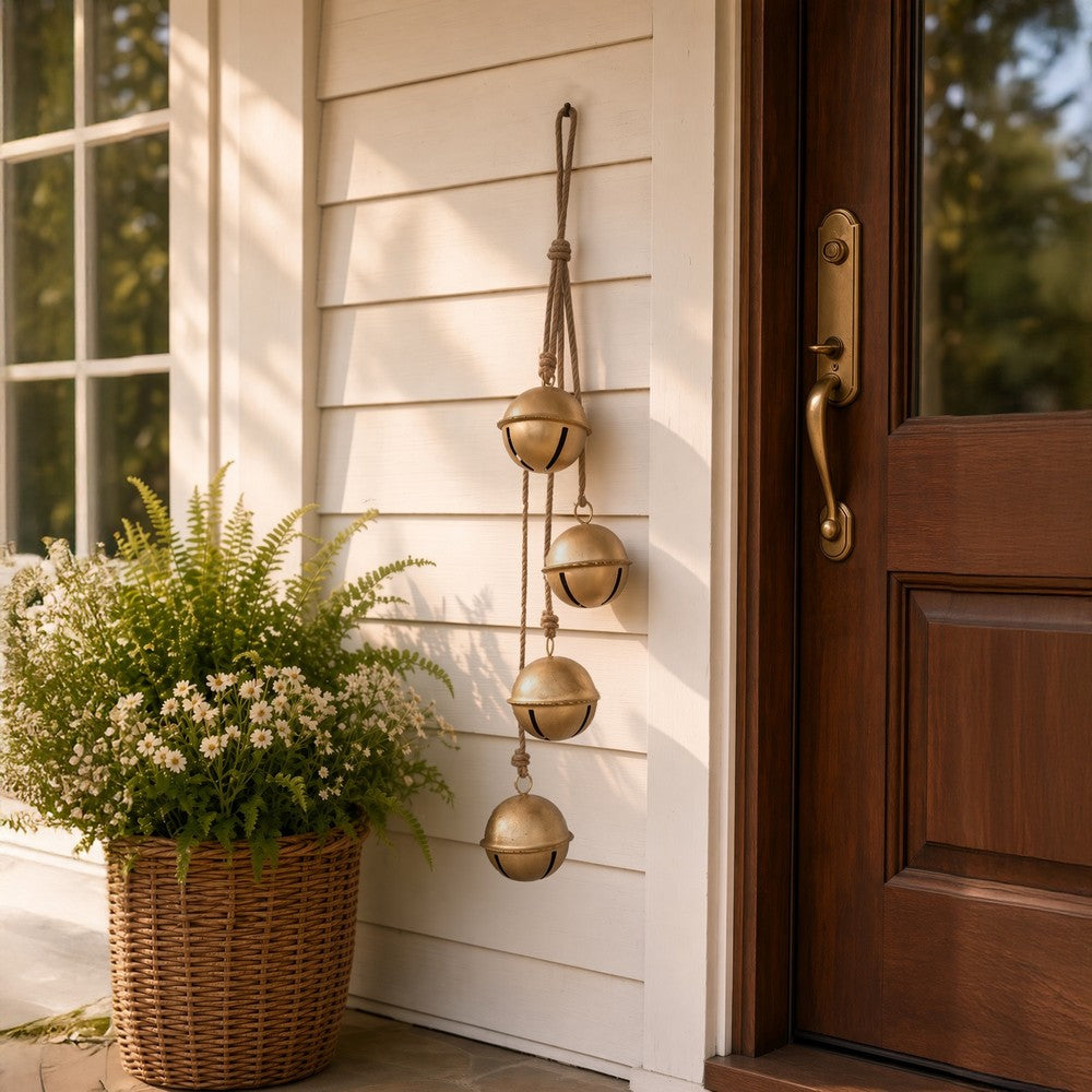 Roma 34" Cascading Hanging Bells | Gold Finish | Natural Jute Rope | Boho Rustic Decor By The Urban Port