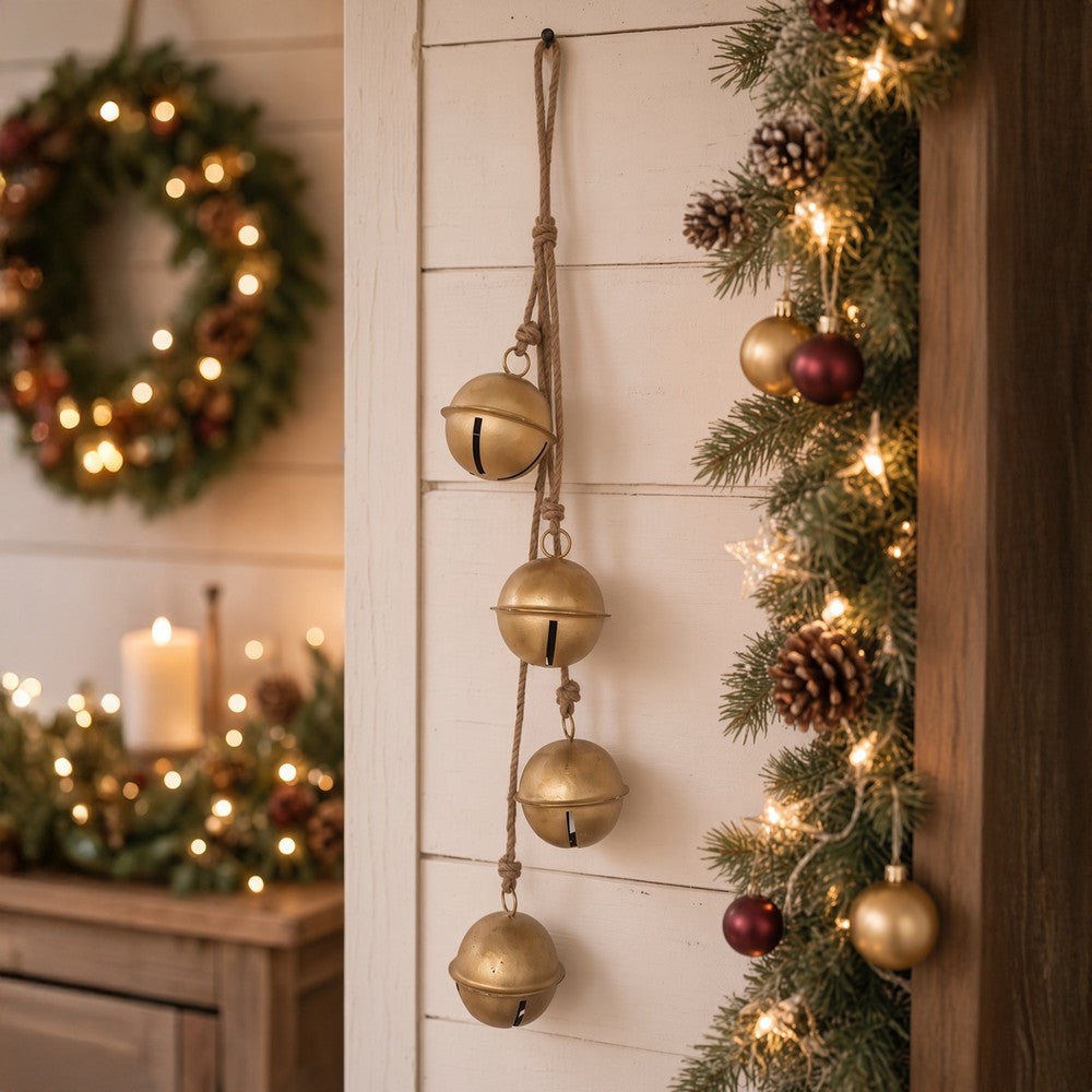 Roma 34" Cascading Hanging Bells | Gold Finish | Natural Jute Rope | Boho Rustic Decor By The Urban Port
