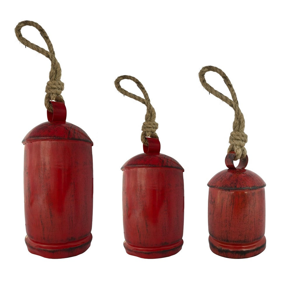 Joma Set of 3 Cowbells Wall Hanging | Jute Rope | Antique Red Iron Finish | Rustic Boho Home Decor By The Urban Port