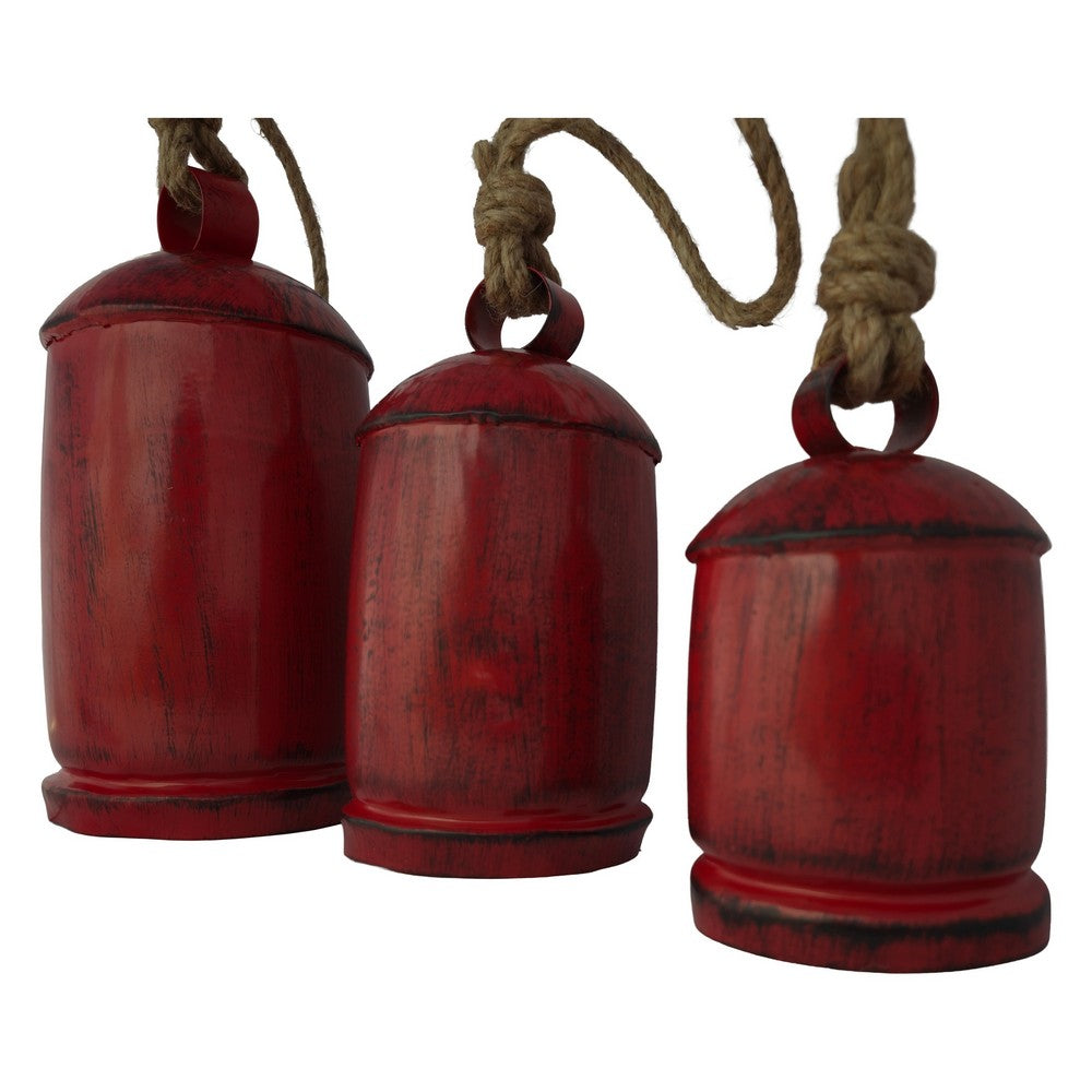 Joma Set of 3 Cowbells Wall Hanging | Jute Rope | Antique Red Iron Finish | Rustic Boho Home Decor By The Urban Port