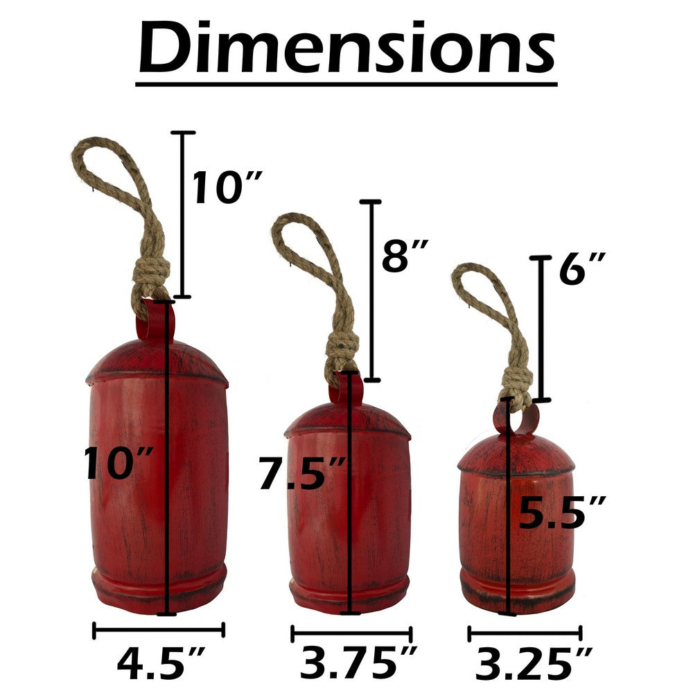 Joma Set of 3 Cowbells Wall Hanging | Jute Rope | Antique Red Iron Finish | Rustic Boho Home Decor By The Urban Port
