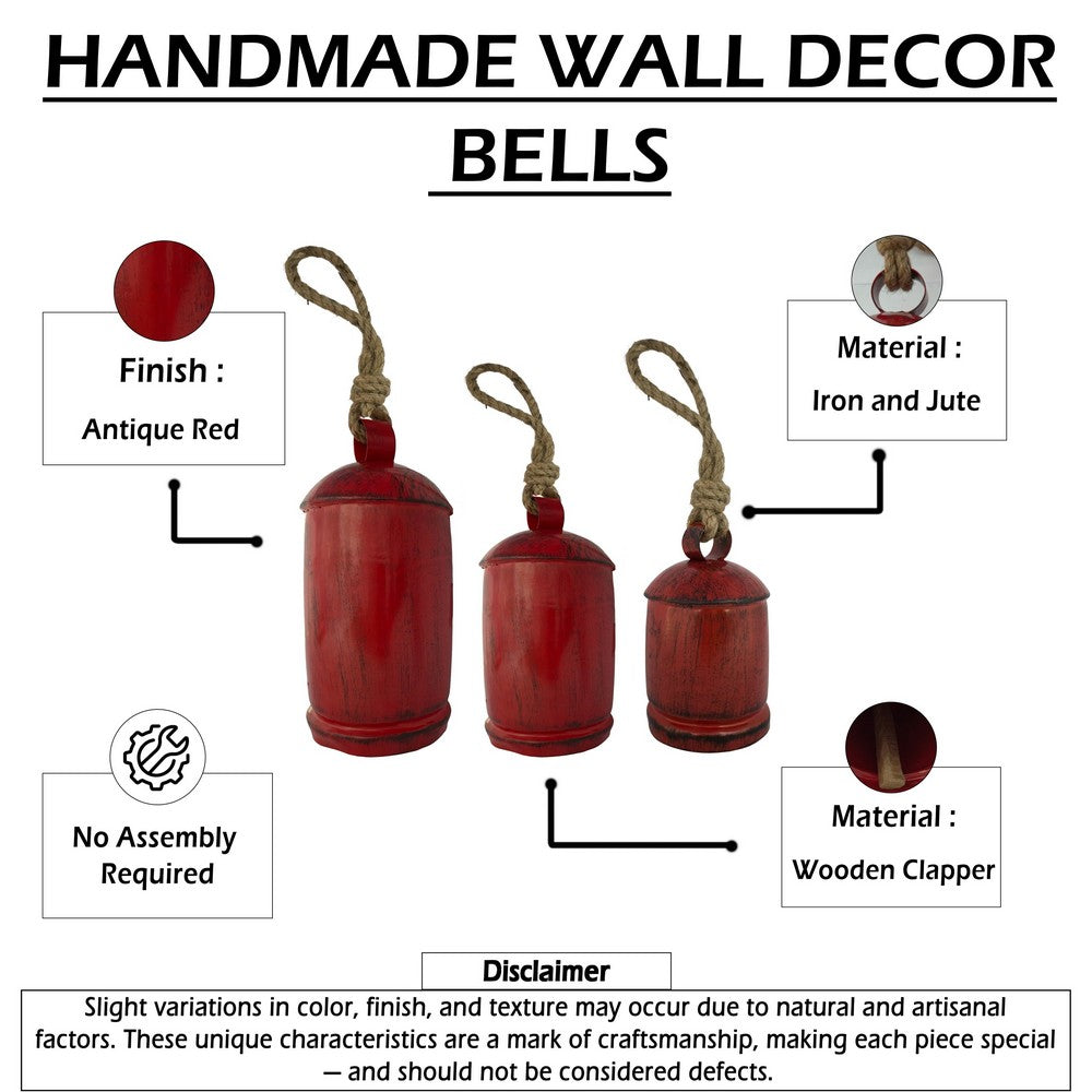 Joma Set of 3 Cowbells Wall Hanging | Jute Rope | Antique Red Iron Finish | Rustic Boho Home Decor By The Urban Port