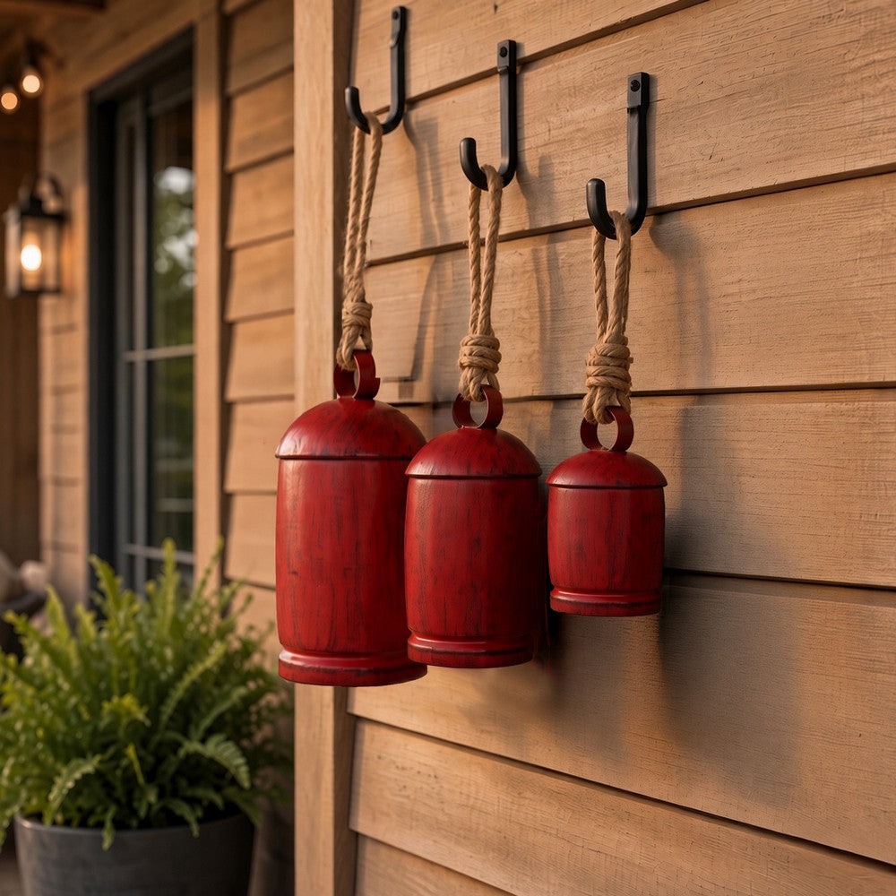 Joma Set of 3 Cowbells Wall Hanging | Jute Rope | Antique Red Iron Finish | Rustic Boho Home Decor By The Urban Port