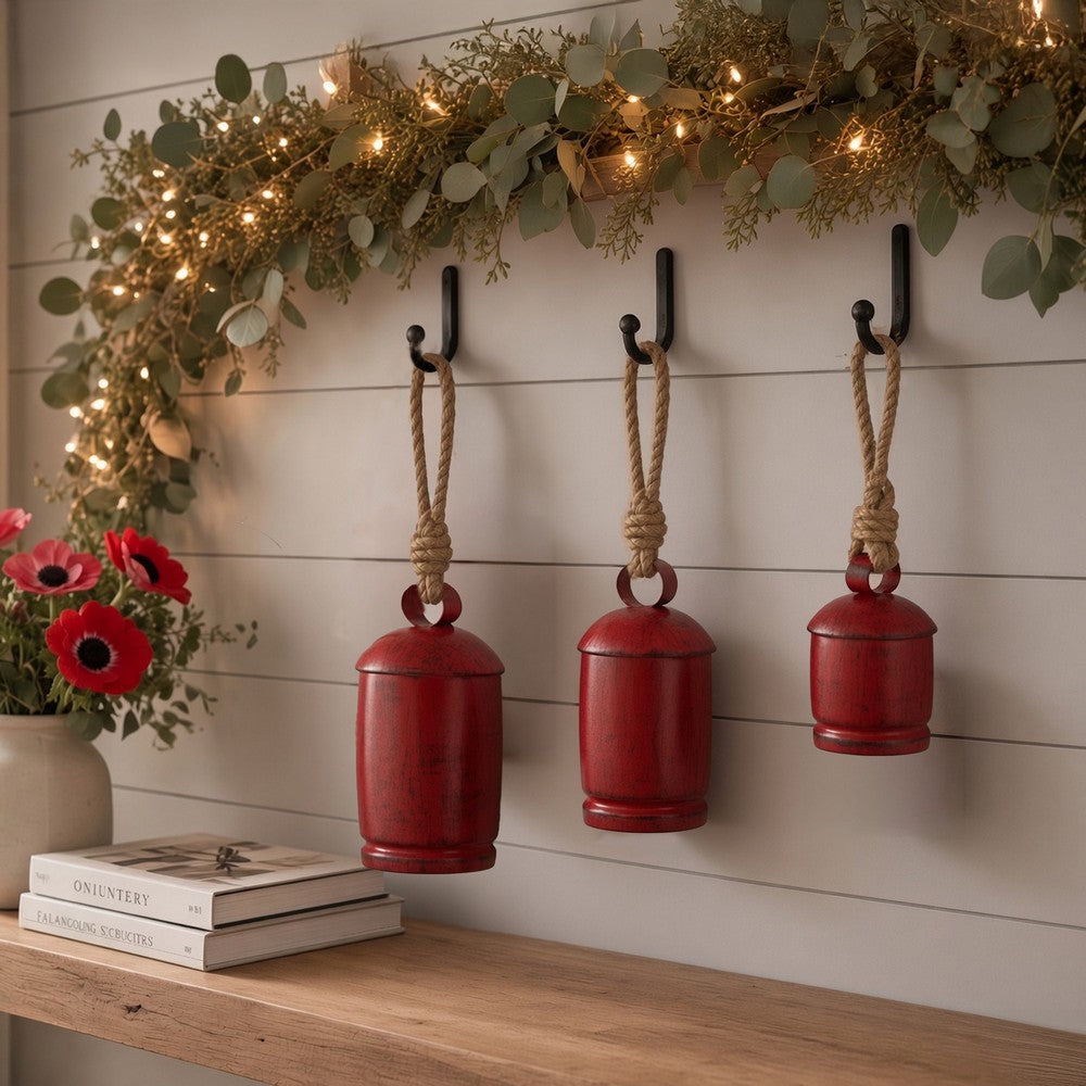 Joma Set of 3 Cowbells Wall Hanging | Jute Rope | Antique Red Iron Finish | Rustic Boho Home Decor By The Urban Port