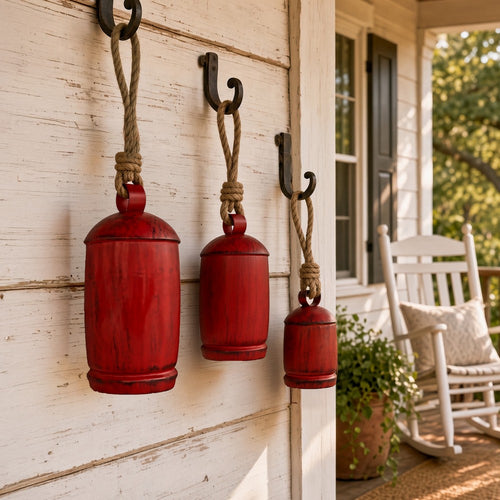 Joma Set of 3 Cowbells Wall Hanging | Jute Rope | Antique Red Iron Finish | Rustic Boho Home Decor By The Urban Port