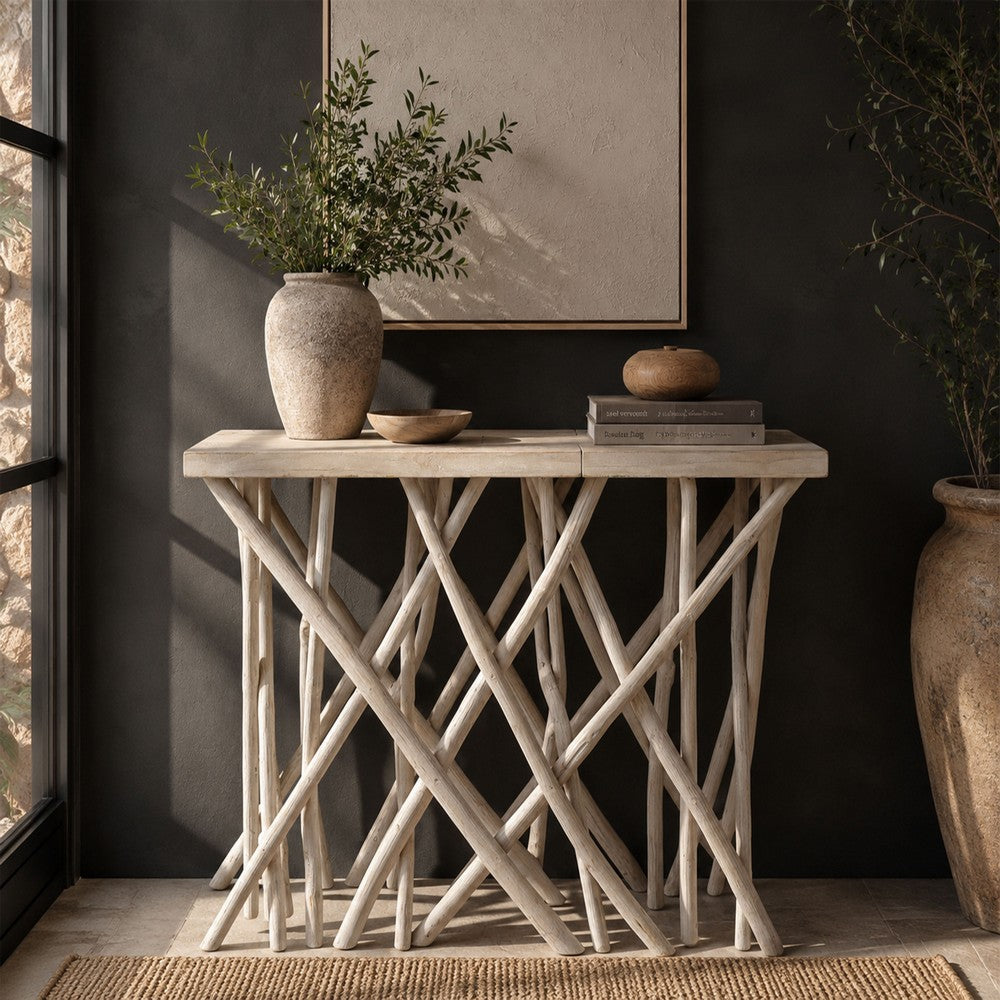 Kyra 47 " Sofa Console Table | Solid Teakwood Branch Legs | Whitewash Finish By The Urban Port