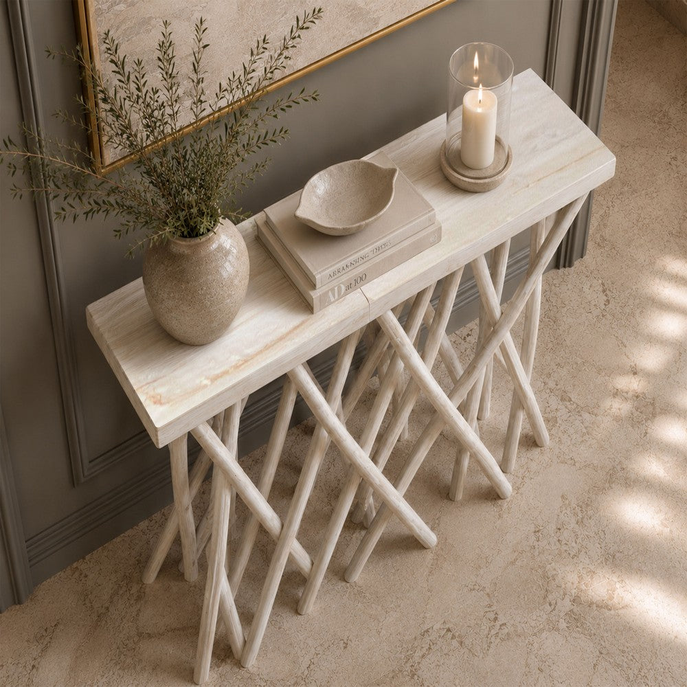Kyra 47 " Sofa Console Table | Solid Teakwood Branch Legs | Whitewash Finish By The Urban Port