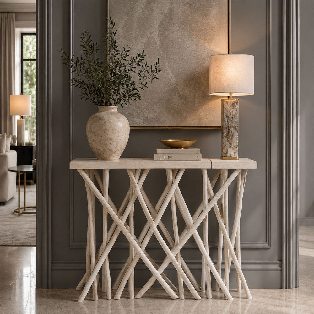 Kyra 47 " Sofa Console Table | Solid Teakwood Branch Legs | Whitewash Finish By The Urban Port