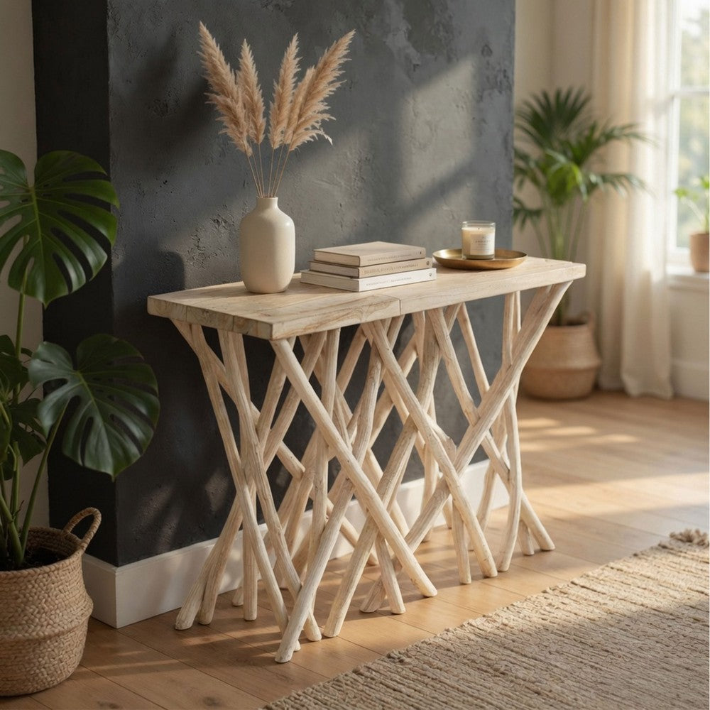 Kyra 47 " Sofa Console Table | Solid Teakwood Branch Legs | Whitewash Finish By The Urban Port