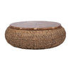 Jyra 47 " Round Coffee Table | Teak Wood Mosaic Top | Woven Banana Leaf Base | Natural Brown By The Urban Port