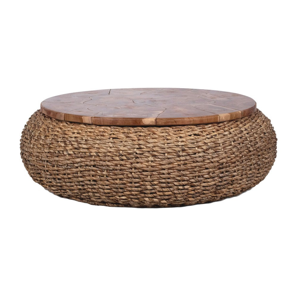 Jyra 47 " Round Coffee Table | Teak Wood Mosaic Top | Woven Banana Leaf Base | Natural Brown By The Urban Port