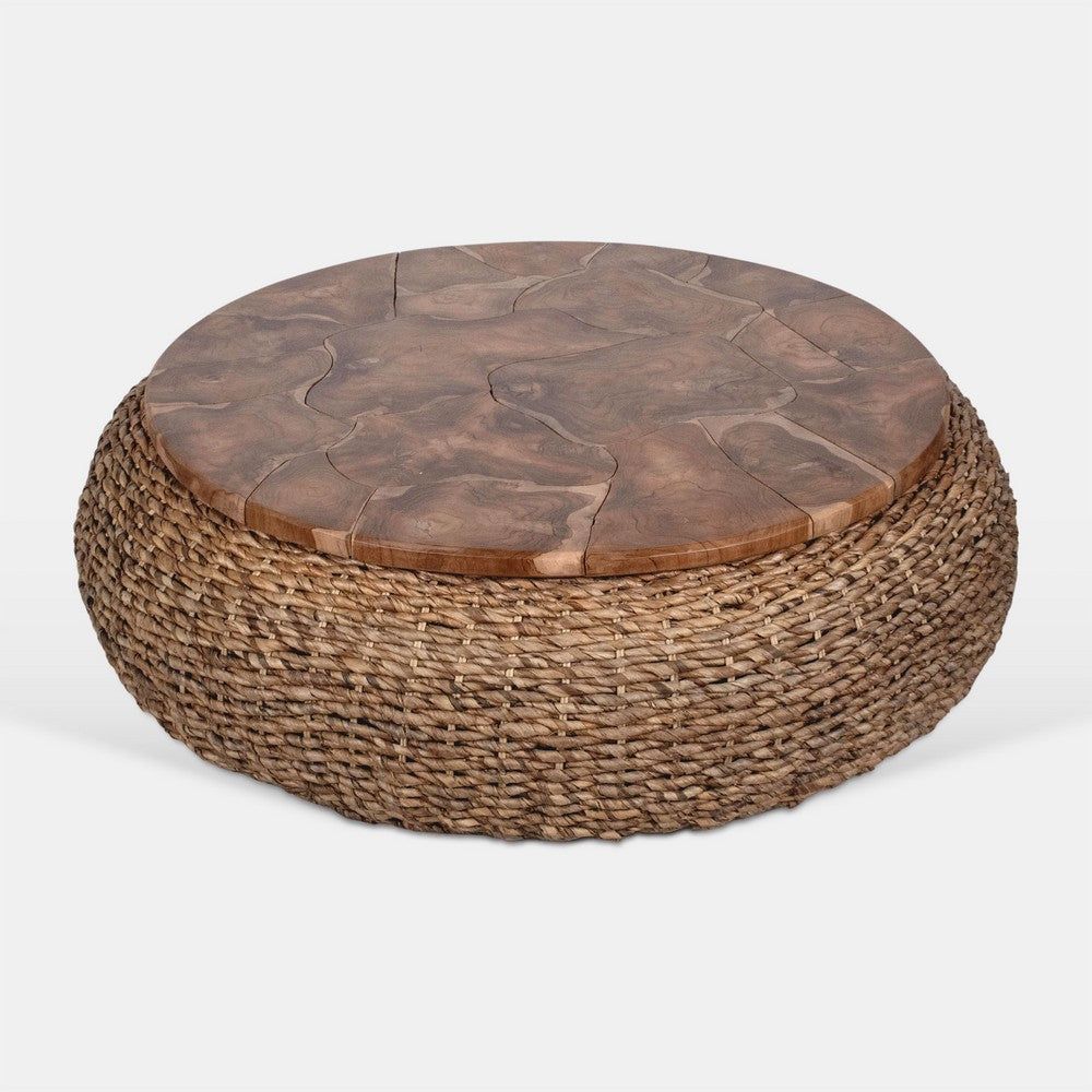 Jyra 47 " Round Coffee Table | Teak Wood Mosaic Top | Woven Banana Leaf Base | Natural Brown By The Urban Port