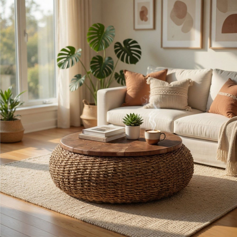 Jyra 47 " Round Coffee Table | Teak Wood Mosaic Top | Woven Banana Leaf Base | Natural Brown By The Urban Port