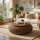 Jyra 47 " Round Coffee Table | Teak Wood Mosaic Top | Woven Banana Leaf Base | Natural Brown By The Urban Port