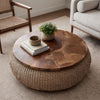 Jyra 47 " Round Coffee Table | Teak Wood Mosaic Top | Woven Banana Leaf Base | Natural Brown By The Urban Port