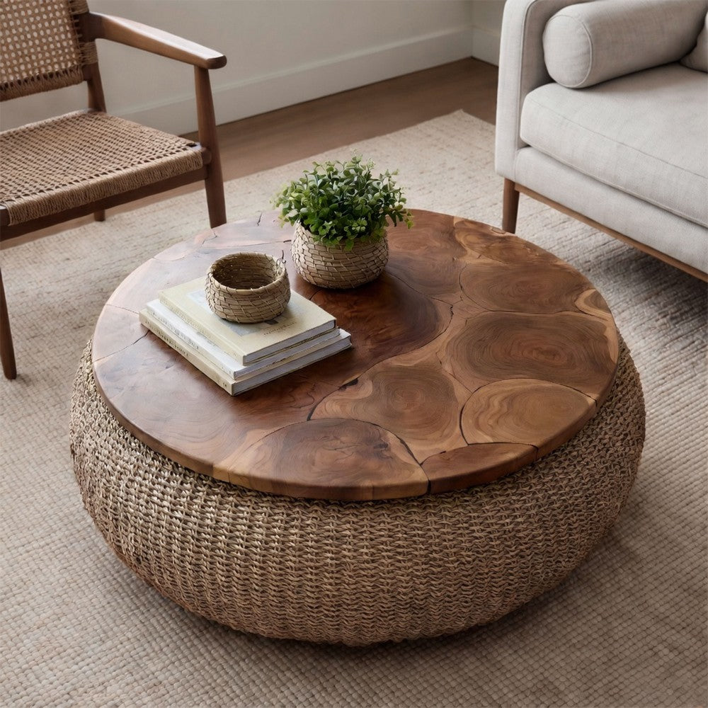 Jyra 47 " Round Coffee Table | Teak Wood Mosaic Top | Woven Banana Leaf Base | Natural Brown By The Urban Port