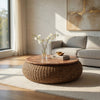 Jyra 47 " Round Coffee Table | Teak Wood Mosaic Top | Woven Banana Leaf Base | Natural Brown By The Urban Port