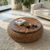Jyra 47 " Round Coffee Table | Teak Wood Mosaic Top | Woven Banana Leaf Base | Natural Brown By The Urban Port