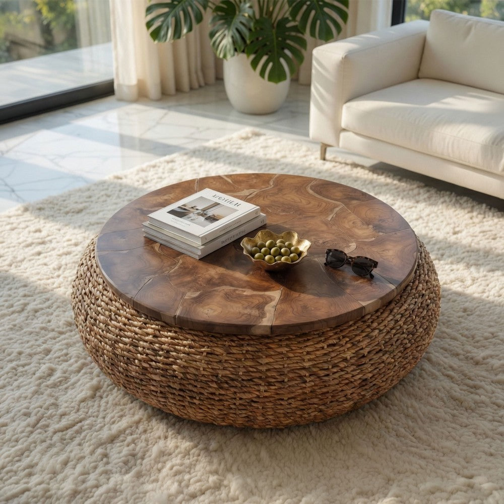 Jyra 47 " Round Coffee Table | Teak Wood Mosaic Top | Woven Banana Leaf Base | Natural Brown By The Urban Port