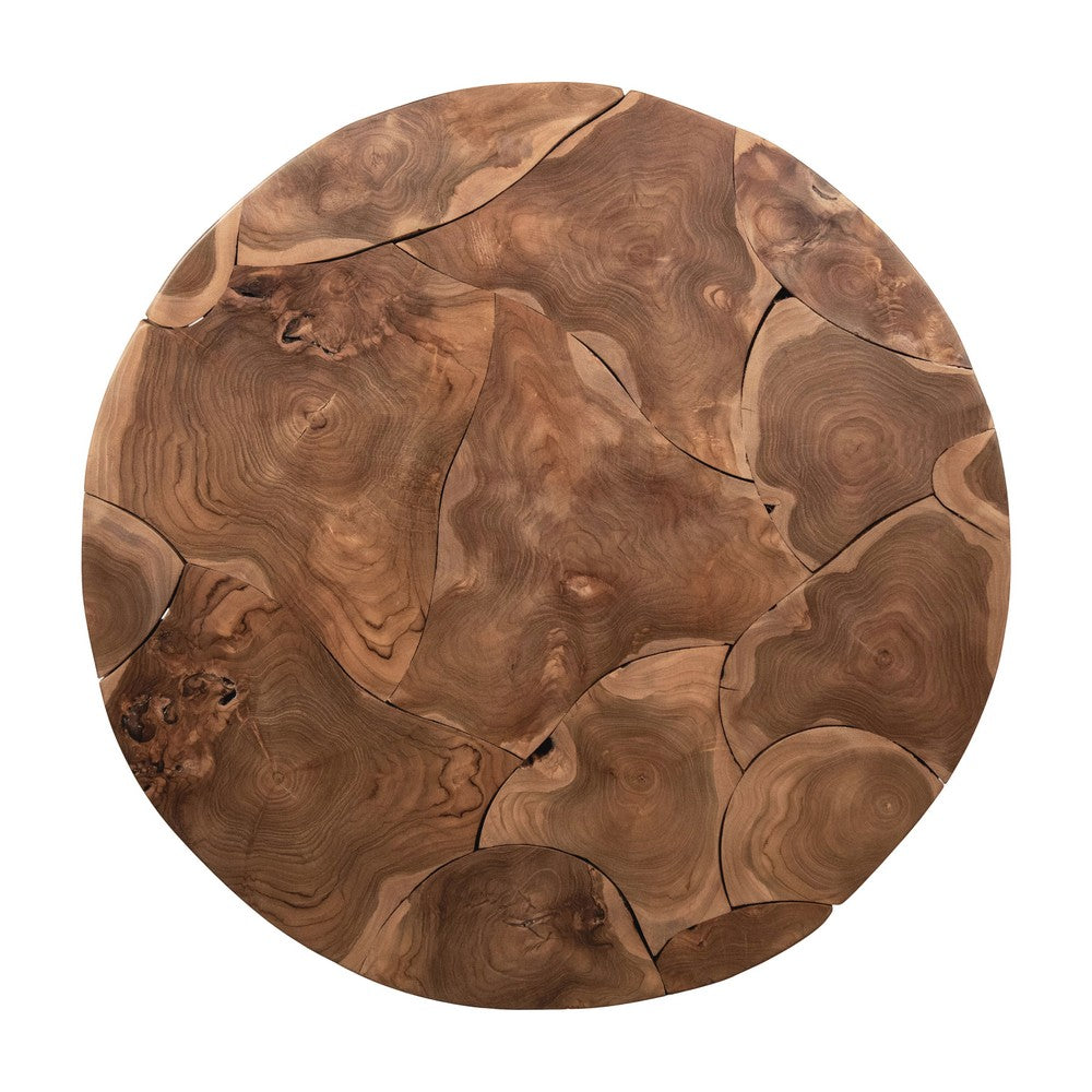 Jyra 47 " Round Coffee Table | Teak Wood Mosaic Top | Woven Banana Leaf Base | Natural Brown By The Urban Port